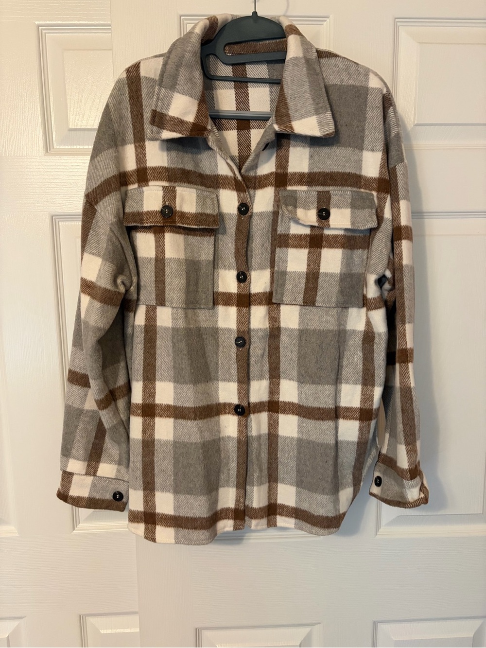 Women's Plaid Utility Shacket in Gray, Brown & White